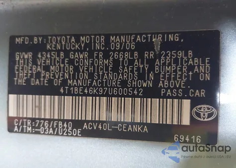 2007 Toyota Camry Le z USA, uszkodzony, nr VIN 4T1BE46K97U600542